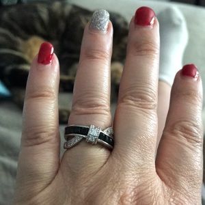 Black sapphire and crystals Sterling silver ring